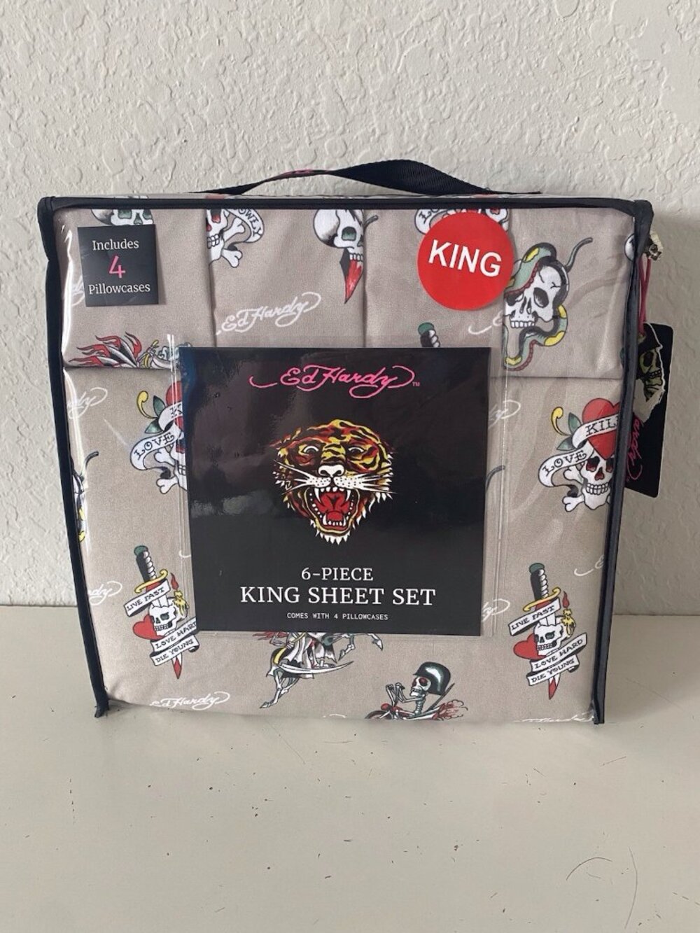 6 Piece Ed Hardy KING Size Sheet Set Logo Skulls Snake Hearts Roses Khaki NEW